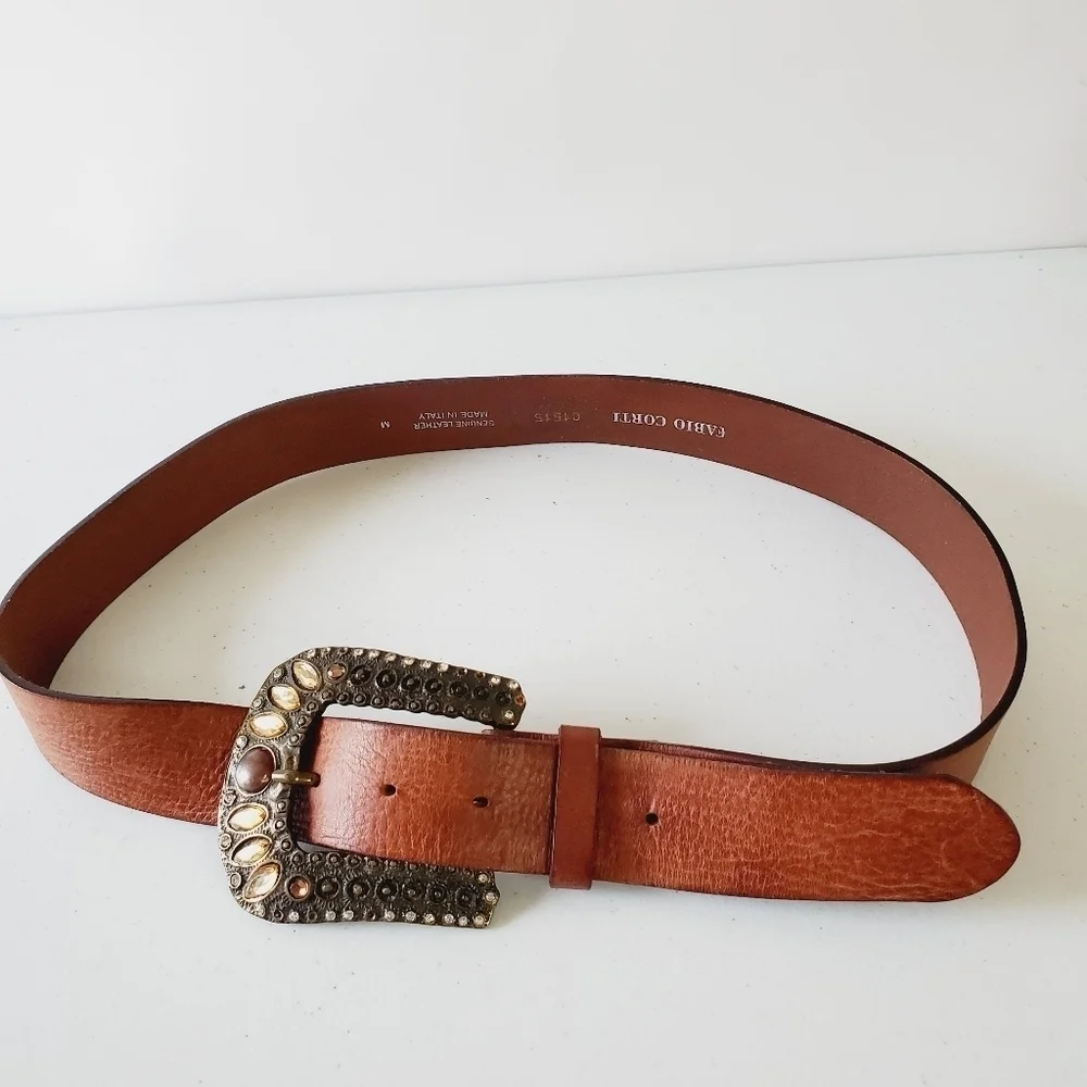 Fabio Corti Genuine Leather Belt Brown Jeweled Beaded Oversized Buckle‎ Italy